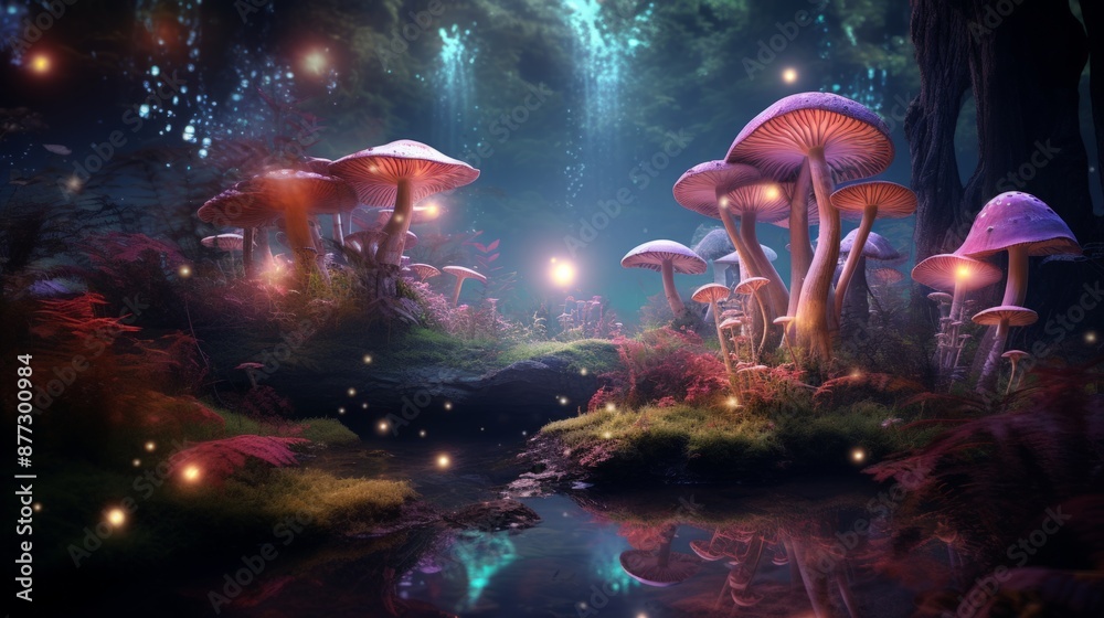 Naklejka premium Enchanting forest scene with large, glowing mushrooms and floating fireflies at night, creating a magical atmosphere. Horizontal illustration with vibrant colors and whimsical details. defocus