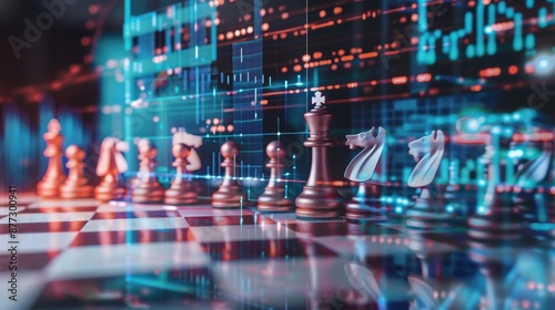 Wallpaper Mural Chessboard integrated into a digital screen showing business metrics, double exposure, technology and strategy Torontodigital.ca