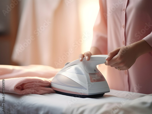 Laundry service, Ironing on clothes, hygiene and cleaning clothes on washing machine, Housekeeping lifestyle, housework concept, Laundry and dry cleaning business