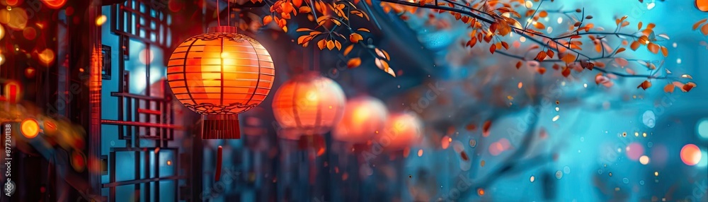 Beautiful autumn scene featuring traditional red lanterns, warm glows, and peaceful ambience in a picturesque village setting. Beautiful autumn scene featuring traditional red lanterns, warm glows, and peaceful ambience in a picturesque village setting.