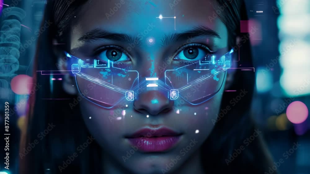Young woman with digital data overlay from augmented reality glasses in urban setting. High-tech futuristic interface and technology interactions Young woman with digital data overlay from augmented reality glasses in urban setting. High-tech futuristic interface and technology interactions