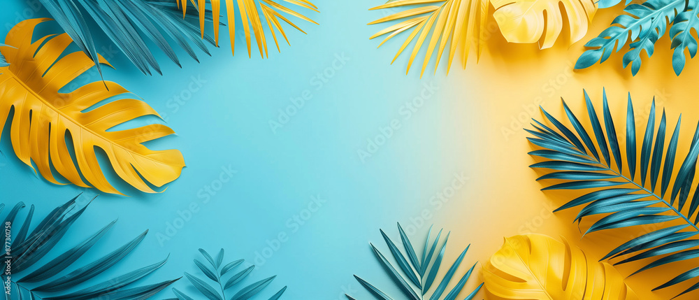 Obraz premium Tropical blue and yellow leaf background