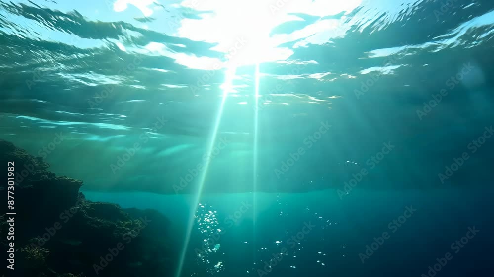 Sunlight shines through ocean water, illuminating coral reef with bubbles rising in a serene underwater scene Sunlight shines through ocean water, illuminating coral reef with bubbles rising in a serene underwater scene