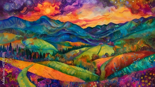 Vivid abstract landscape illustration with rolling hills and mountains in a riot of colors under a spectacular sky © Anastasiya