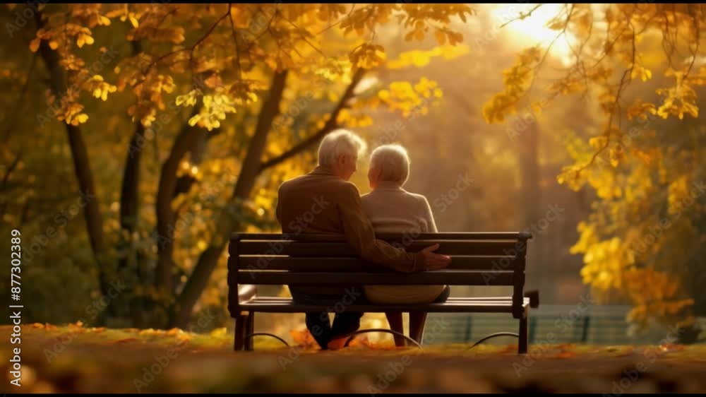 A couple of older people are sitting on a bench in a park. The bench is surrounded by leaves and the couple is enjoying the autumn scenery