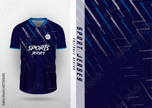 Jersey, outdoor sports design, jersey, football, futsal, running, racing, exercise, halftone pattern, zigzag, navy blue and white.