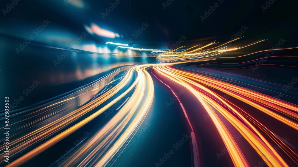 Abstract streaks of light from cars driving at night on a winding road