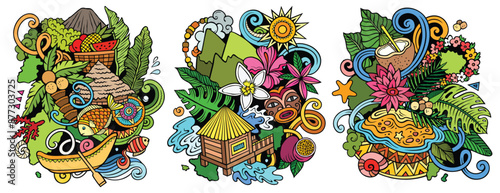 Tahiti cartoon vector doodle designs set.