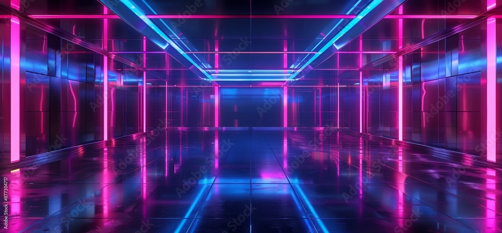 Obraz premium A sci-fi futuristic garage with purple blue neon lasers, a contemporary showroom gallery, and a tunnel corridor made out of asphalt, concrete, and metal.