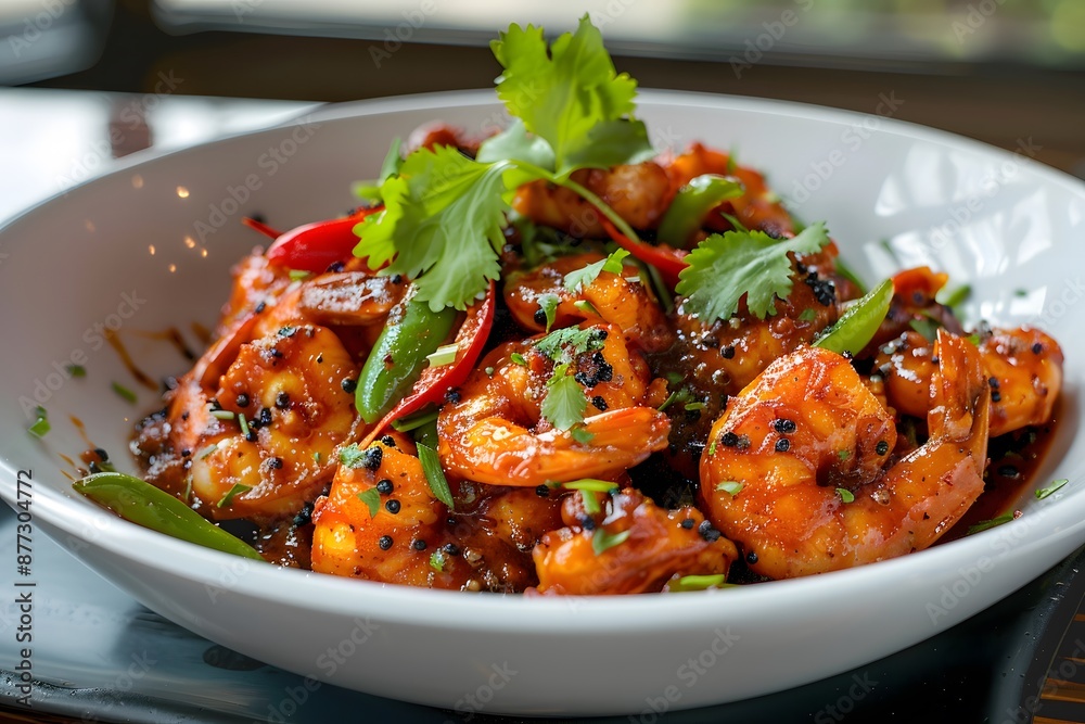 plate of red chili prawns, perfectly plated and served in an elegant white bowl, plate of red chili prawns, perfectly plated and served in an elegant white bowl,