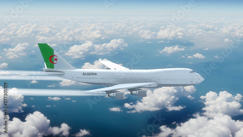 Commercial Airliner Passanger Plane Jumbo Jet Flying over Clouds with Country Flag Algeria