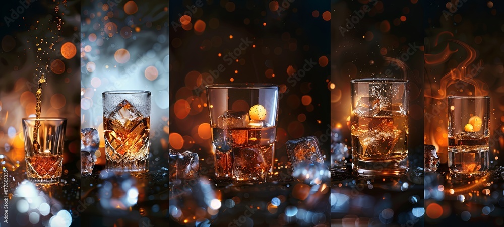 Collage with glasses of whiskey or other alcohol, ice cubes in the dark. 
