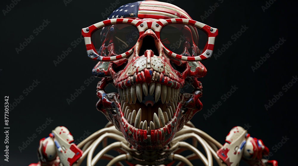 Skull with American flag paint and patriotic sunglasses, wide grin, dark background Skull with American flag paint and patriotic sunglasses, wide grin, dark background
