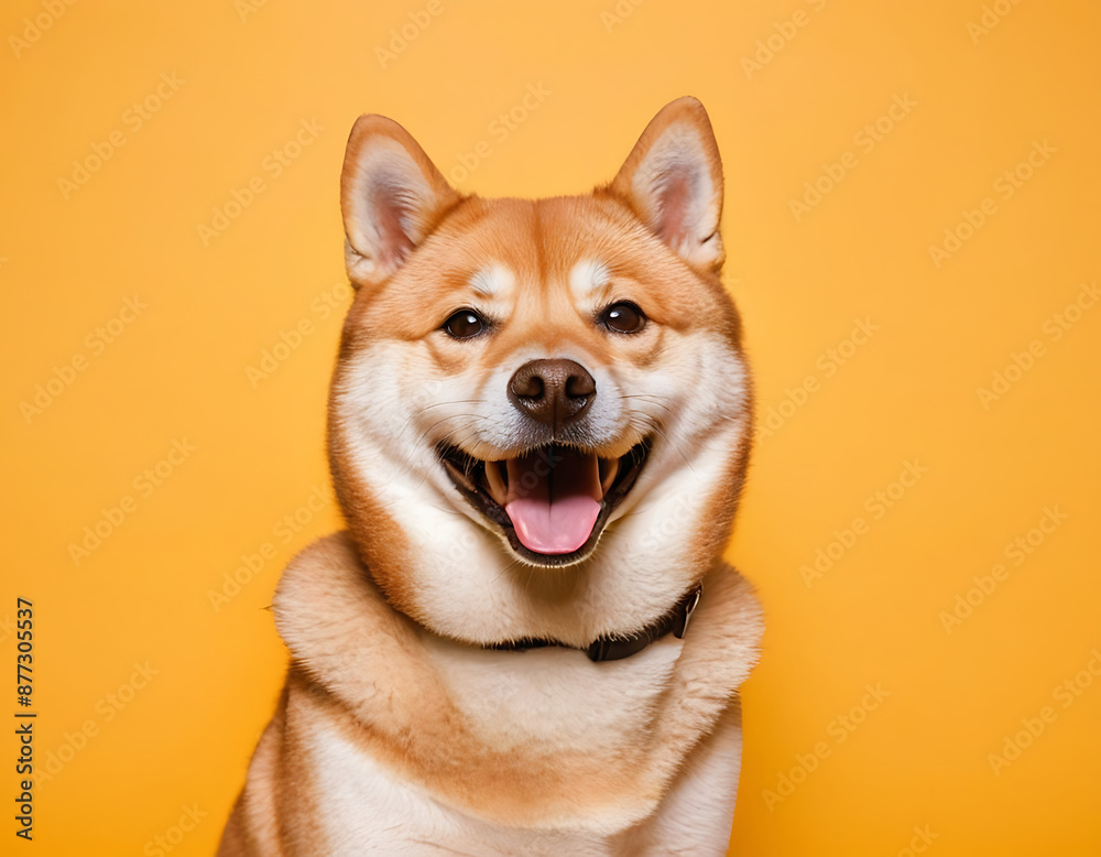 A Shiba Inu dog wearing a black collar smiles at the camera against a bright orange background. A Shiba Inu dog wearing a black collar smiles at the camera against a bright orange background.
