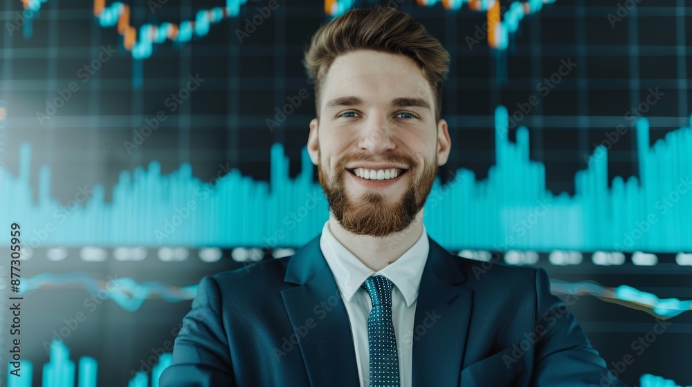Happy stock trader man, looking at the camera, full body, cinematic photography, realistic, focus cover all object, deep dept of field Happy stock trader man, looking at the camera, full body, cinematic photography, realistic, focus cover all object, deep dept of field