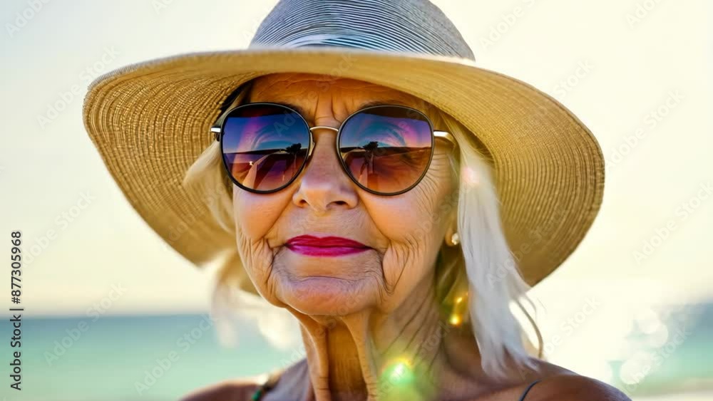 Elderly woman in sunglasses and hat enjoys ocean breeze at the beach. Her gray hair flows with the wind as she beams with joy on a sunny day Elderly woman in sunglasses and hat enjoys ocean breeze at the beach. Her gray hair flows with the wind as she beams with joy on a sunny day