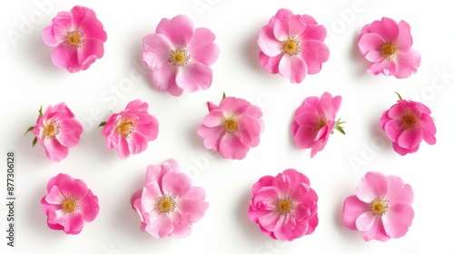 Place a few wild rose flowers evenly spaced on a white background