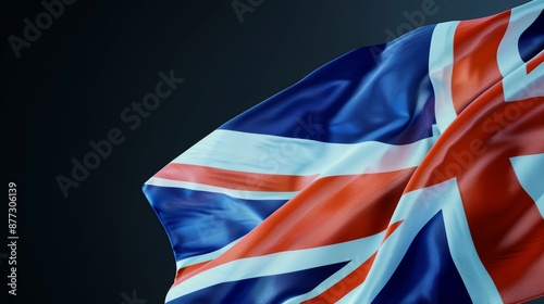 Close-up of a waving British flag, cinematic style, emphasizing blue hues, intricate fabric details, 4K resolution, focus cover all object, deep dept of field