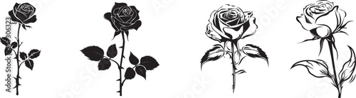 A set of drawings with black and white silhoette of rose flower