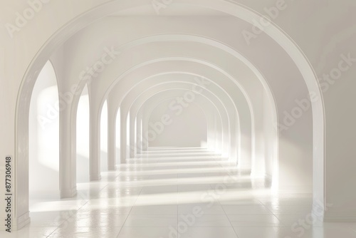 An abstract 3D rendering of an empty futuristic arch tunnel room with light on the walls. This concept is purely sci-fi. © Антон Сальников