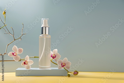 Unbranded medical skincare products in transparent bottle with Orchid (renanthera evrarddi) flowers. photo