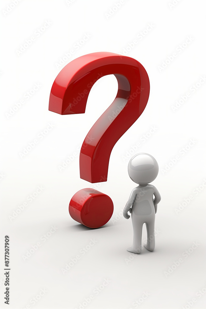 Big red 3D question mark with white character thinking about business strategy success and marketing concept background. Big red 3D question mark with white character thinking about business strategy success and marketing concept background.
