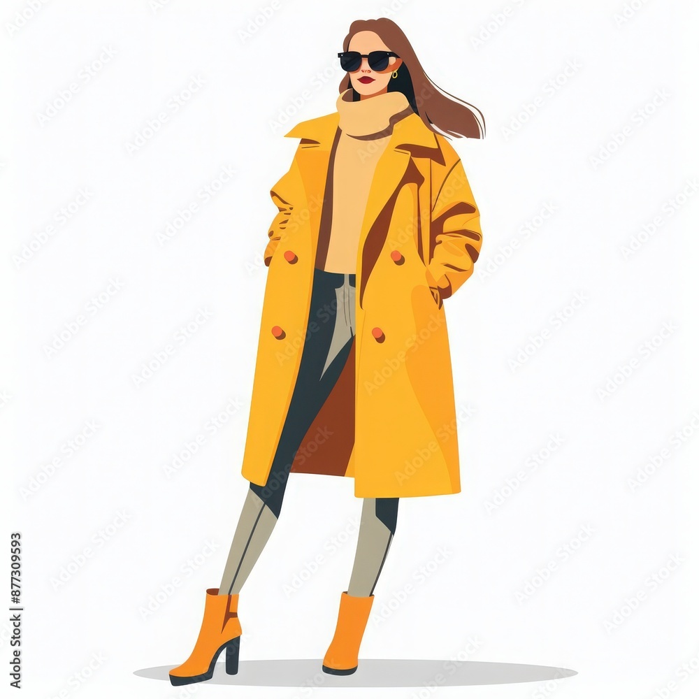 Illustration of a stylish woman in a yellow coat and sunglasses. Fashionable autumn or winter outfit with trendy accessories. Illustration of a stylish woman in a yellow coat and sunglasses. Fashionable autumn or winter outfit with trendy accessories.