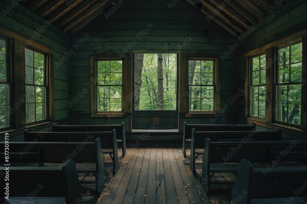 Obraz premium Leaving Church. Empty Pew in Forest Building with Christian Cross