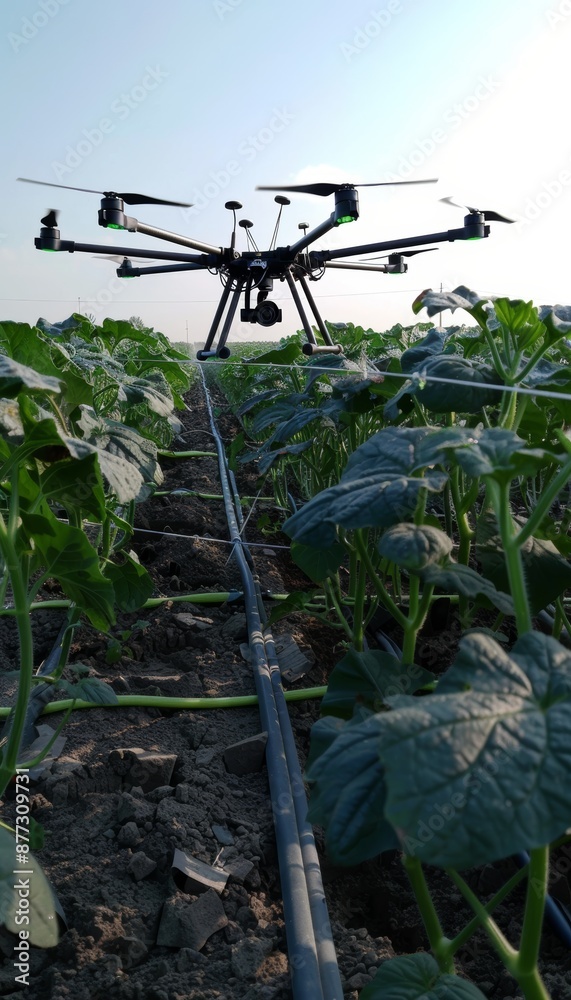 Precision Agriculture Drone Flying Over Cucumber Field at Sunset for Farming Efficiency Precision Agriculture Drone Flying Over Cucumber Field at Sunset for Farming Efficiency