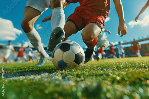 A football player drives the ball onto the field during a match, dodging an opponent photo