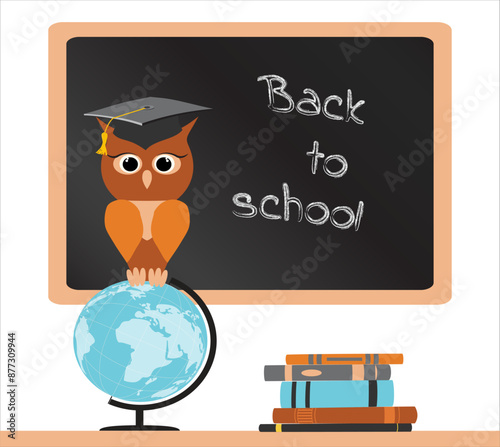Stacks of books, a wise owl in a graduate hat sits on a globe. On background chalkboard inscription back to school. Modern design template banner. Vector