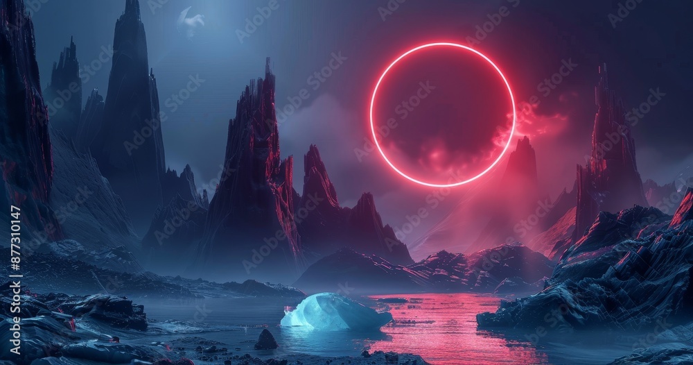 Obraz premium Sci-fi alien planet landscape surreal lighting space travel glow ring red neon light 3D rendering