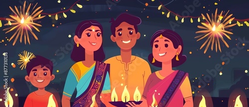 Happy Indian family celebrating Diwali festival with fireworks and diyas