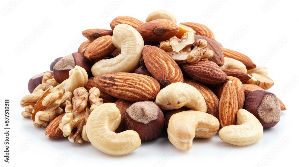 Pile of Mixed Nuts. Assorted Organic Almond, Cashew, and Brazilian Nuts on White Background Pile of Mixed Nuts. Assorted Organic Almond, Cashew, and Brazilian Nuts on White Background
