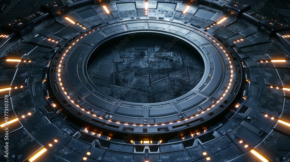 Concept art futuristic helipad illuminated by red lights. View of circle helicopter deck in a sci-fi hangar. Industrial old scratched metal lift at night. Concept art futuristic helipad illuminated Concept art futuristic helipad illuminated by red lights. View of circle helicopter deck in a sci-fi hangar. Industrial old scratched metal lift at night. Concept art futuristic helipad illuminated