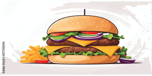 Colorful Fresh Food: Bread, Cheese, Fruit, and Vegetables burger on White Background, burger illustration on isolated white background
