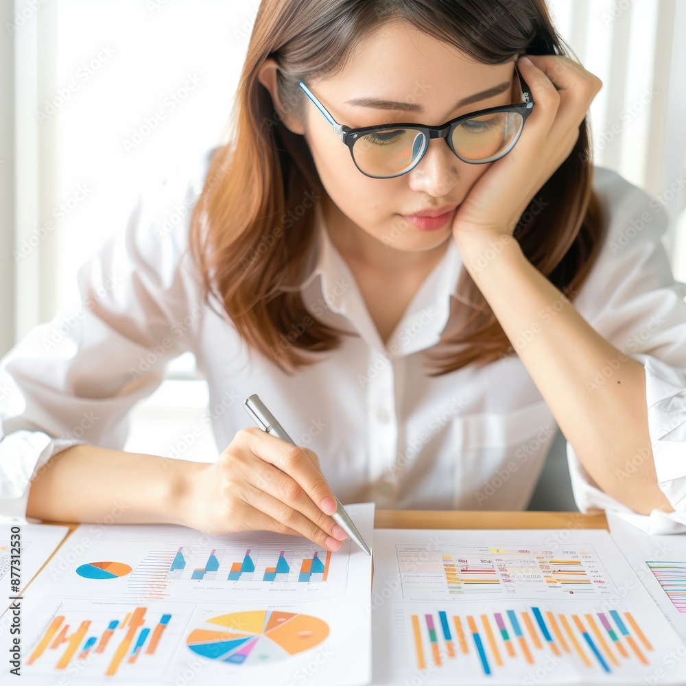 Woman analyzing financial charts and graphs at work, focusing on data and statistics with concentration and dedication in a bright office. Woman analyzing financial charts and graphs at work, focusing on data and statistics with concentration and dedication in a bright office.