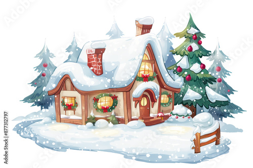 Illustration of a cozy winter cottage decorated for Christmas