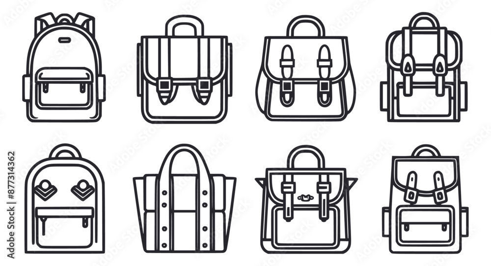 Illustration of different backpacks or handbags outlined in black, generative ai Illustration of different backpacks or handbags outlined in black, generative ai