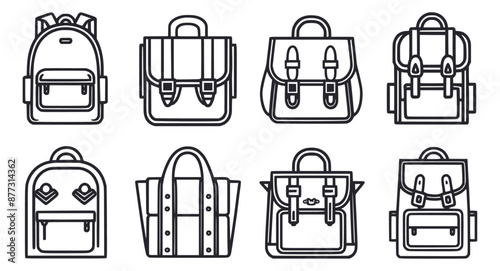 Illustration of different backpacks or handbags outlined in black, generative ai