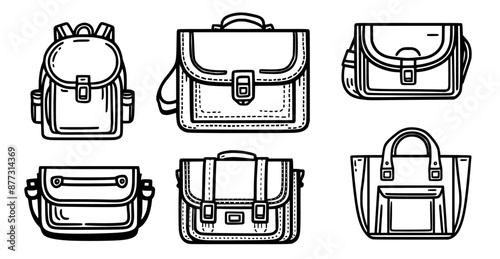 Illustration of different backpack sets or handbags outlined in black, generative ai