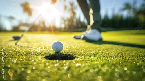 Golf ball near the hole on green grass, focus to golf ball