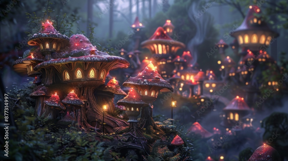 Fototapeta premium Whimsical Fairy Village Among Glowing Mushrooms with Enchanting Magical Creatures