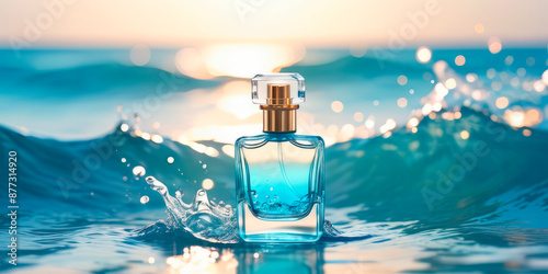 perfume bottle on the background of blue waves sea freshness