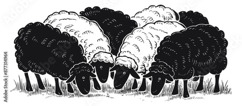 Group of sheep eating grass black white vector sketch illustration, generative ai