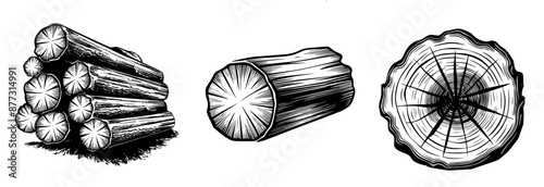 Set of wood logs sketch illustration in black white, generative ai, generative ai