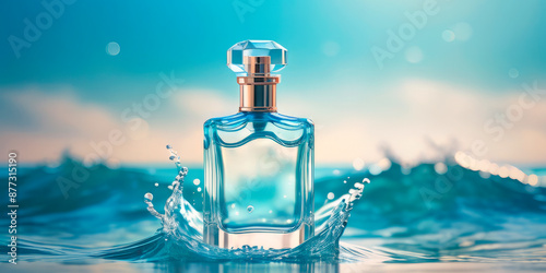 perfume bottle on the background of blue waves sea freshness