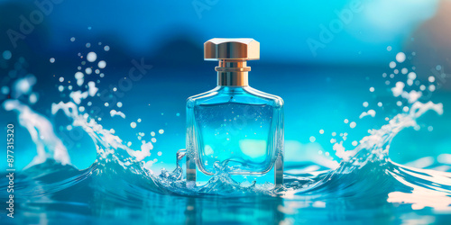 perfume bottle on the background of blue waves sea freshness