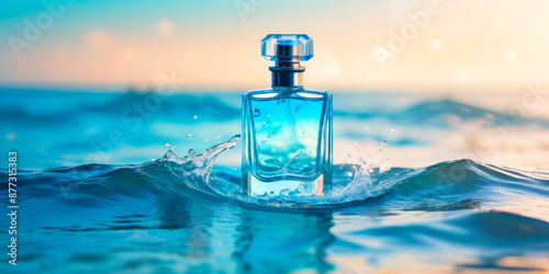 perfume bottle on the background of blue waves sea freshness