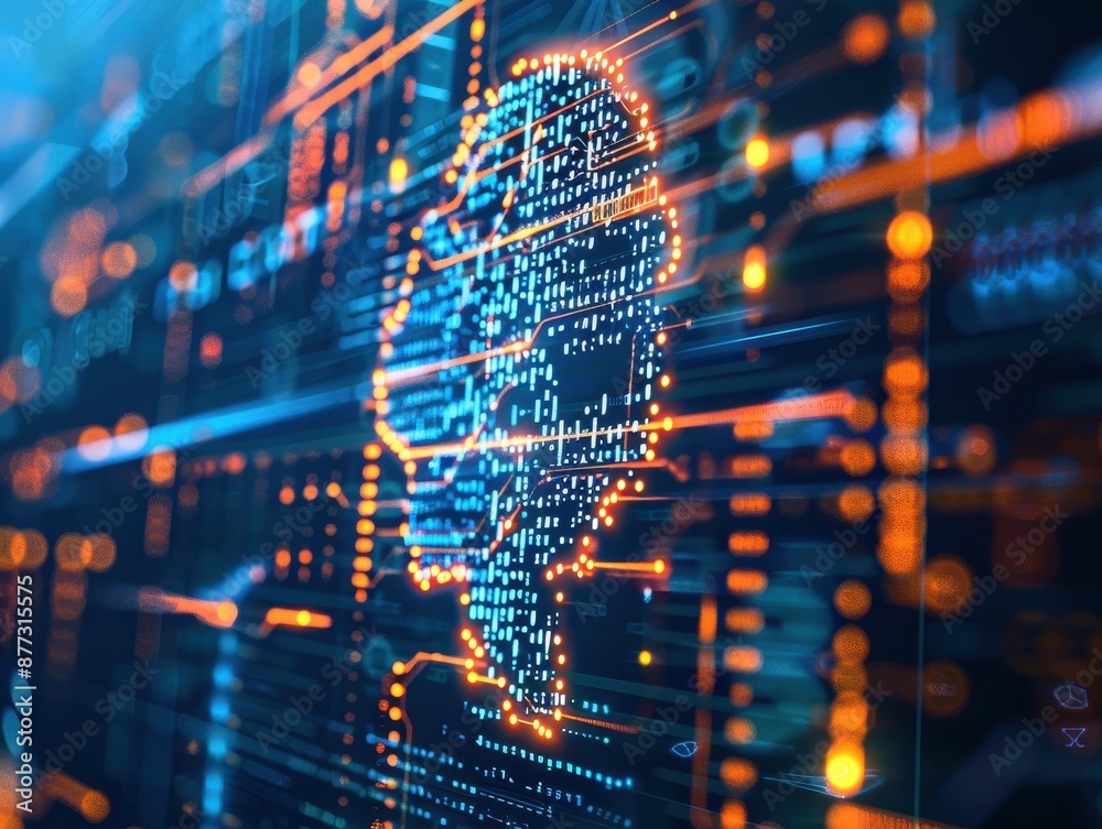 Obraz premium Digital representation of an artificial intelligence brain on a futuristic circuit board background with vibrant colors and glowing lines.
